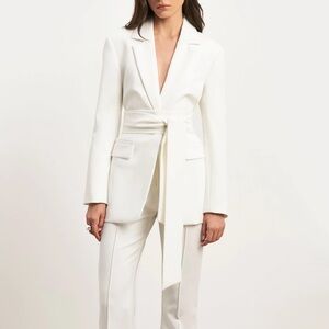 Never worn.  Medium CREAM CLASSIC BLAZER WITH BELT WIDE LEG SUIT TROUSERS.